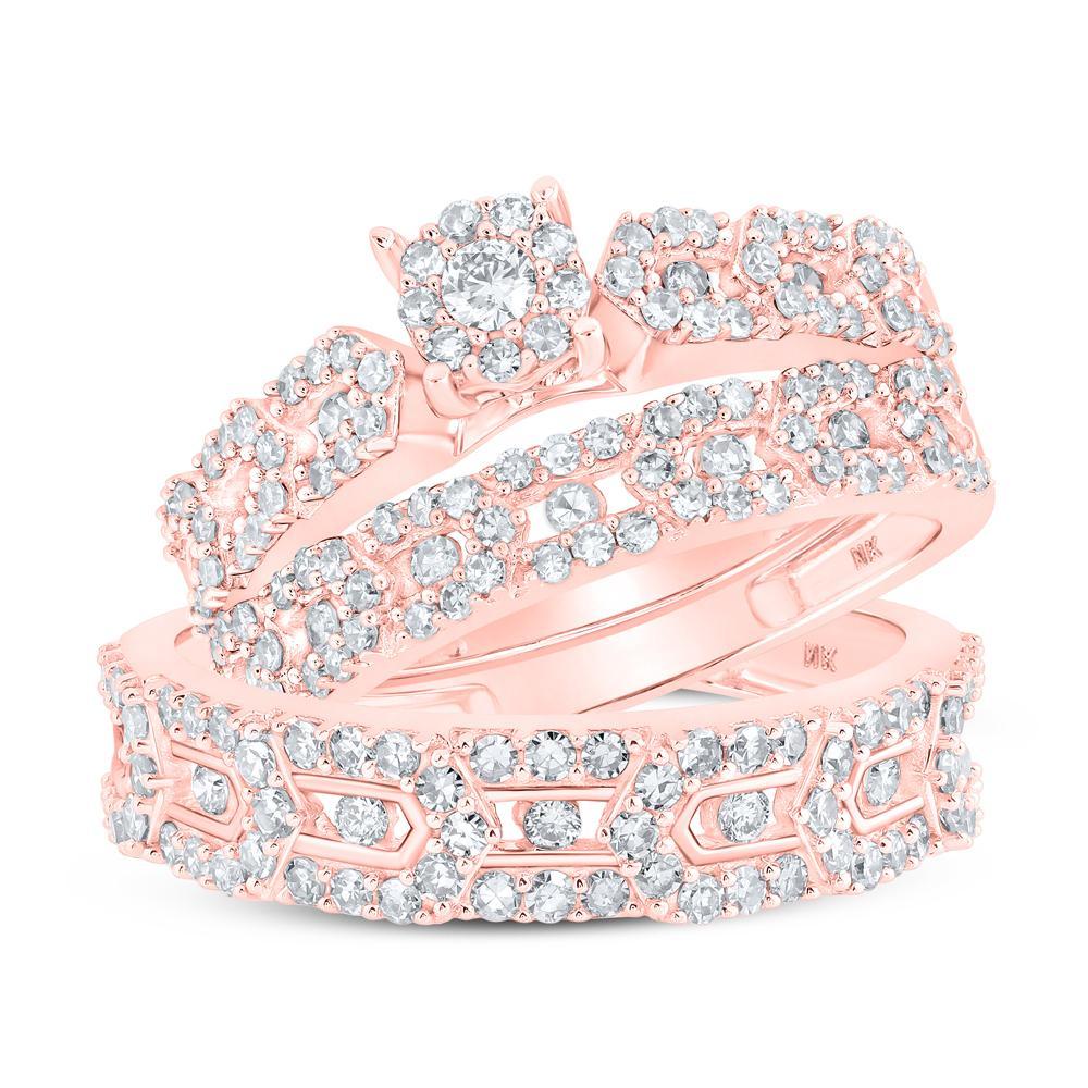 10kt Rose Gold His Hers Round Diamond Cluster Matching Wedding Set 1-3/8 Cttw