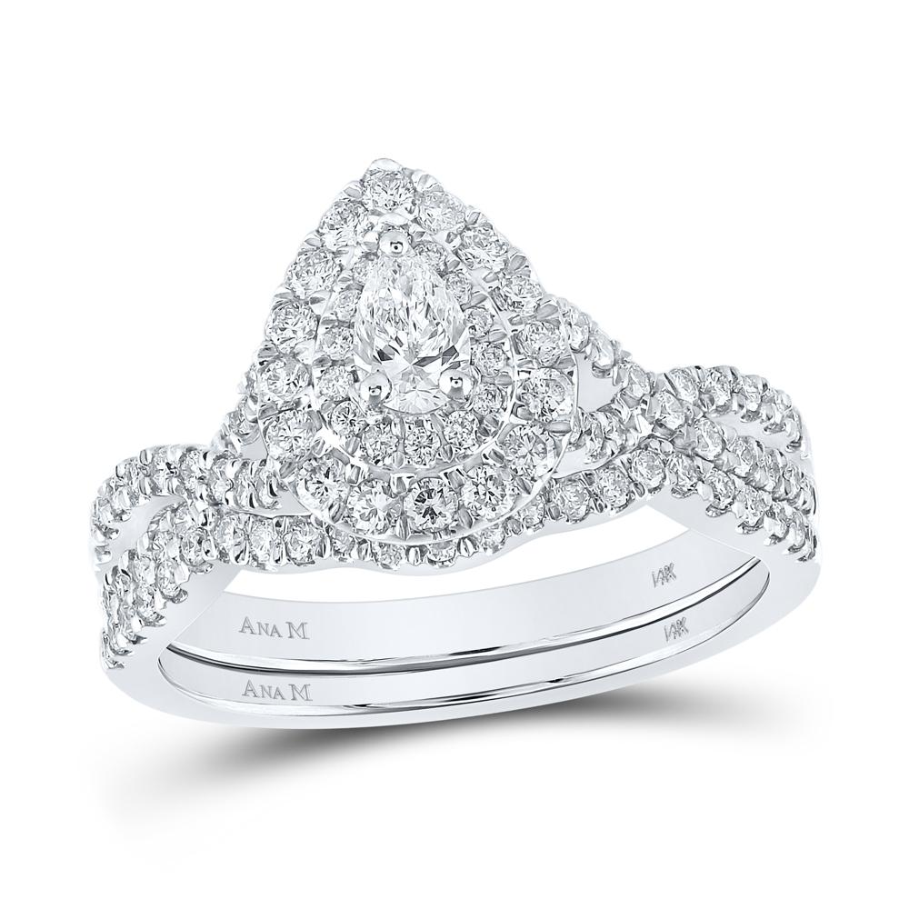14kt White Gold Pear Diamond Halo Bridal Wedding Ring Band Set 1 Cttw