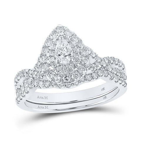 14kt White Gold Pear Diamond Halo Bridal Wedding Ring Band Set 1 Cttw