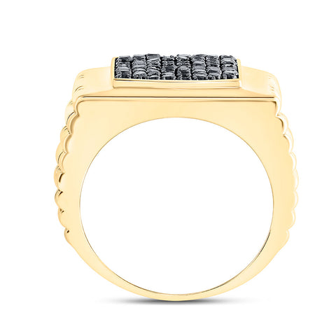 10kt Yellow Gold Mens Round Black Color Treated Diamond Square Ring 1-1/2 Cttw