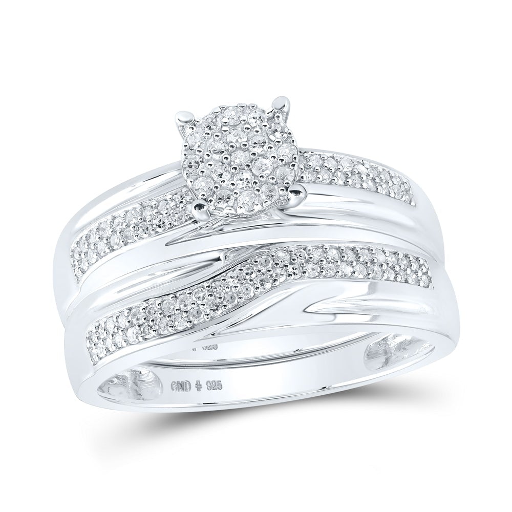 Sterling Silver His Hers Round Diamond Cluster Matching Wedding Set 1/2 Cttw