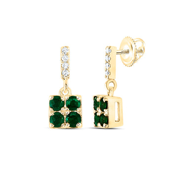 14kt Yellow Gold Womens Emerald Emerald Diamond Square Dangle Earrings 1/4 Cttw