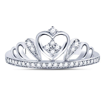 Sterling Silver Womens Round Diamond Crown Tiara Heart Ring 1/6 Cttw
