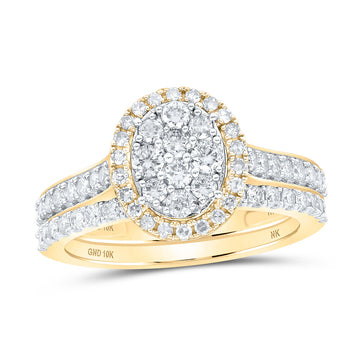 10kt Yellow Gold Round Diamond Oval Bridal Wedding Ring Band Set 1 Cttw