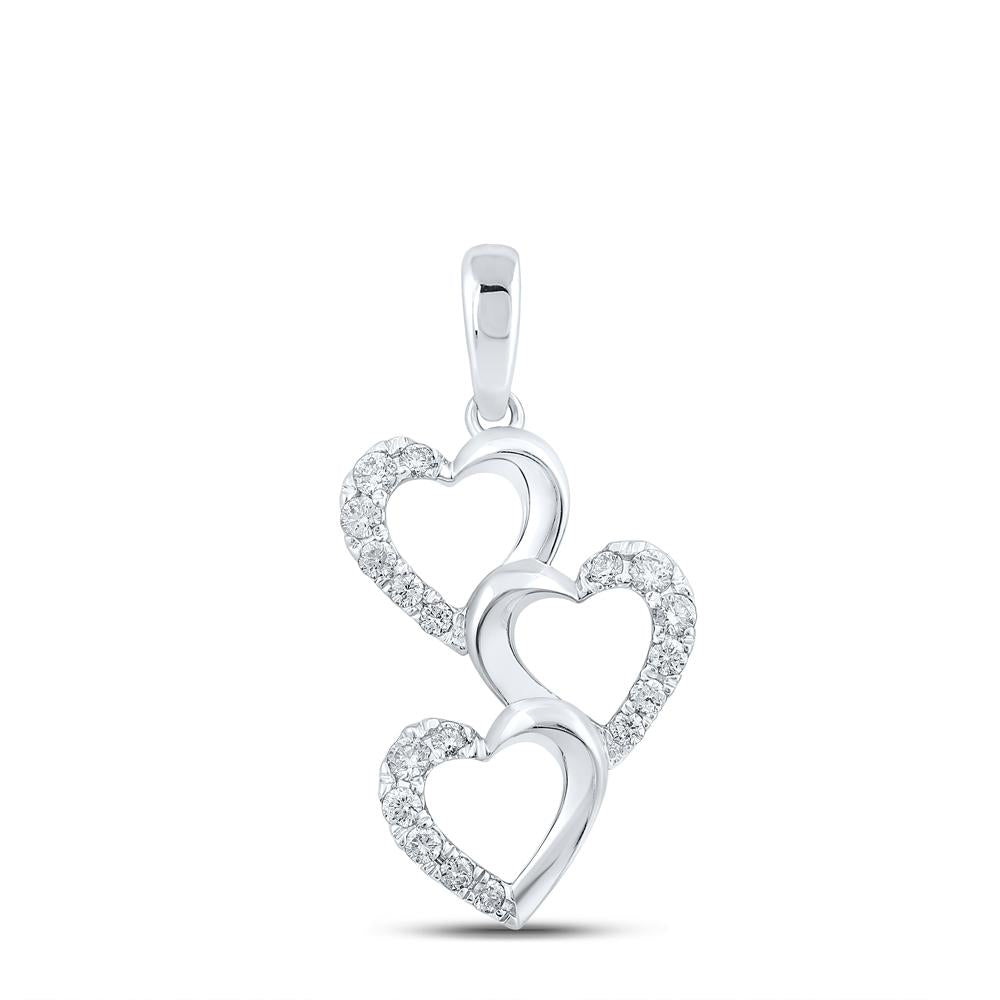 10kt White Gold Womens Round Diamond Triple Heart Pendant 1/4 Cttw
