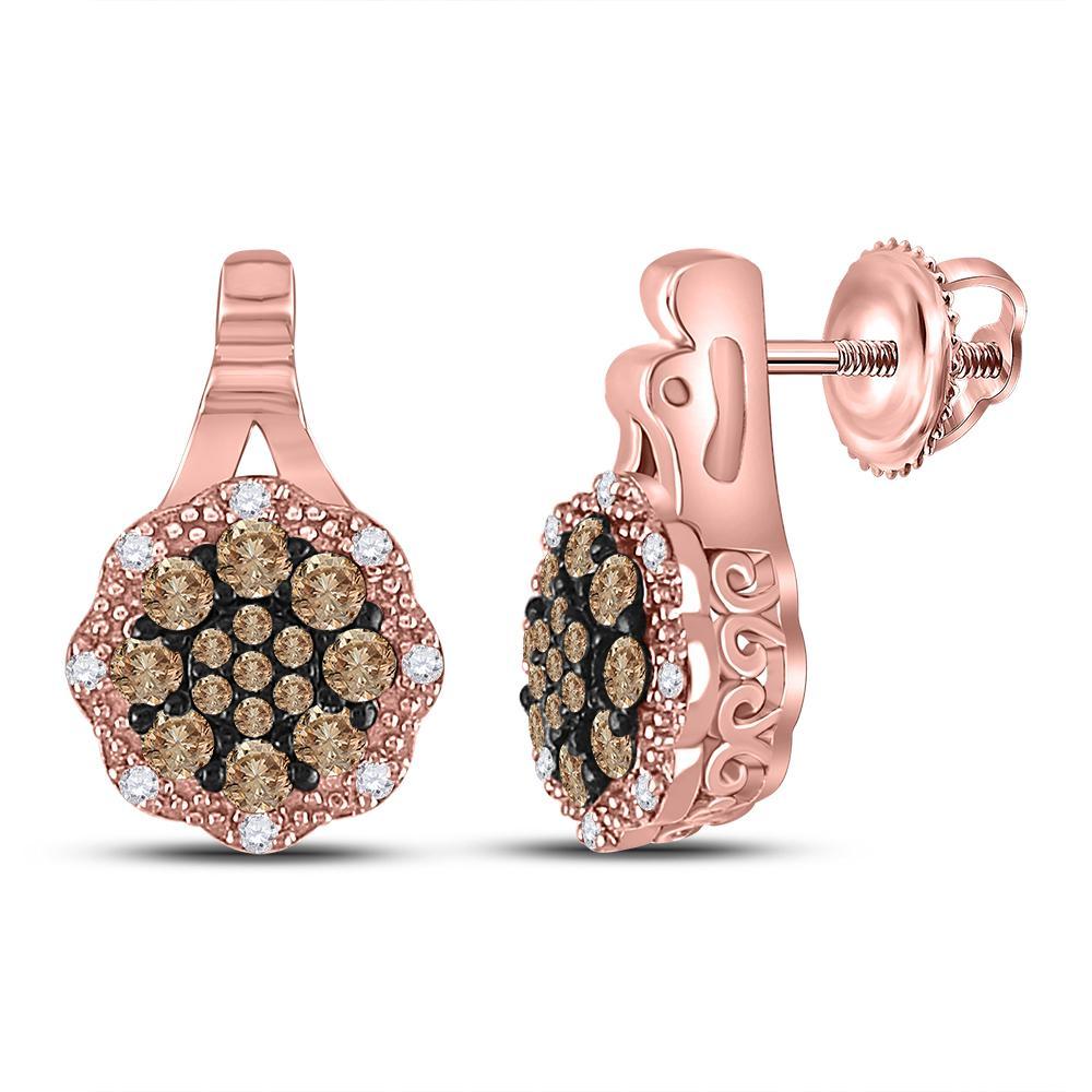 14kt Rose Gold Womens Round Brown Diamond Cluster Earrings 1/2 Cttw
