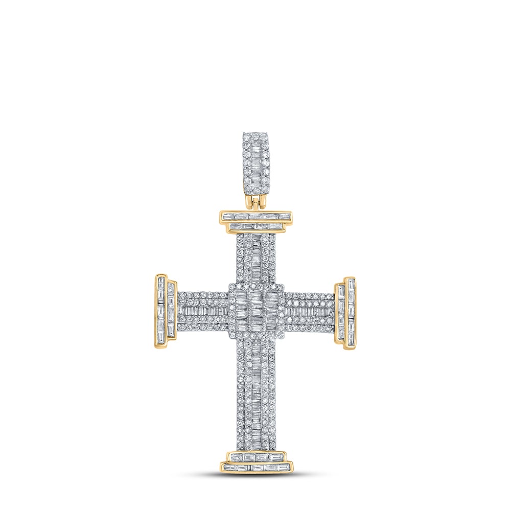 10kt Yellow Gold Mens Baguette Diamond Cross Charm Pendant 1-7/8 Cttw