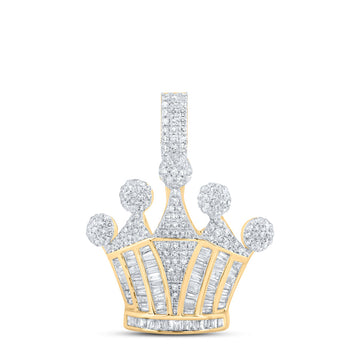 10kt Yellow Gold Mens Baguette Diamond Crown Charm Pendant 1-5/8 Cttw