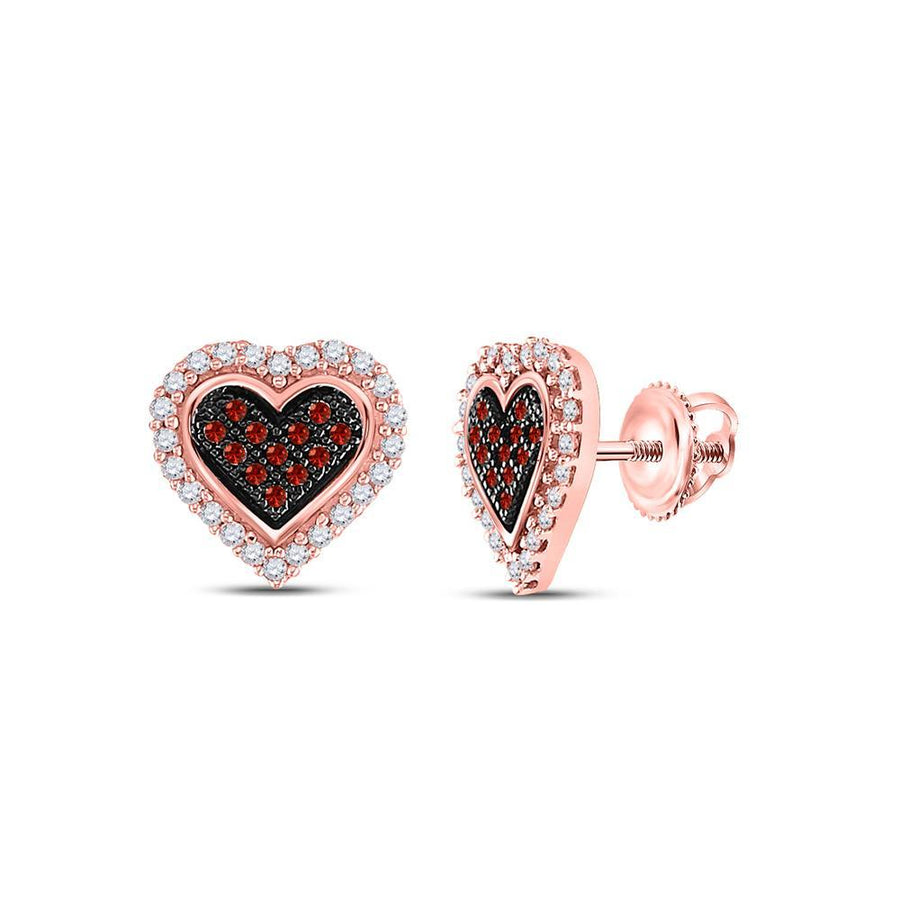 10kt Rose Gold Womens Round Red Color Enhanced Diamond Heart Earrings 1/4 Cttw