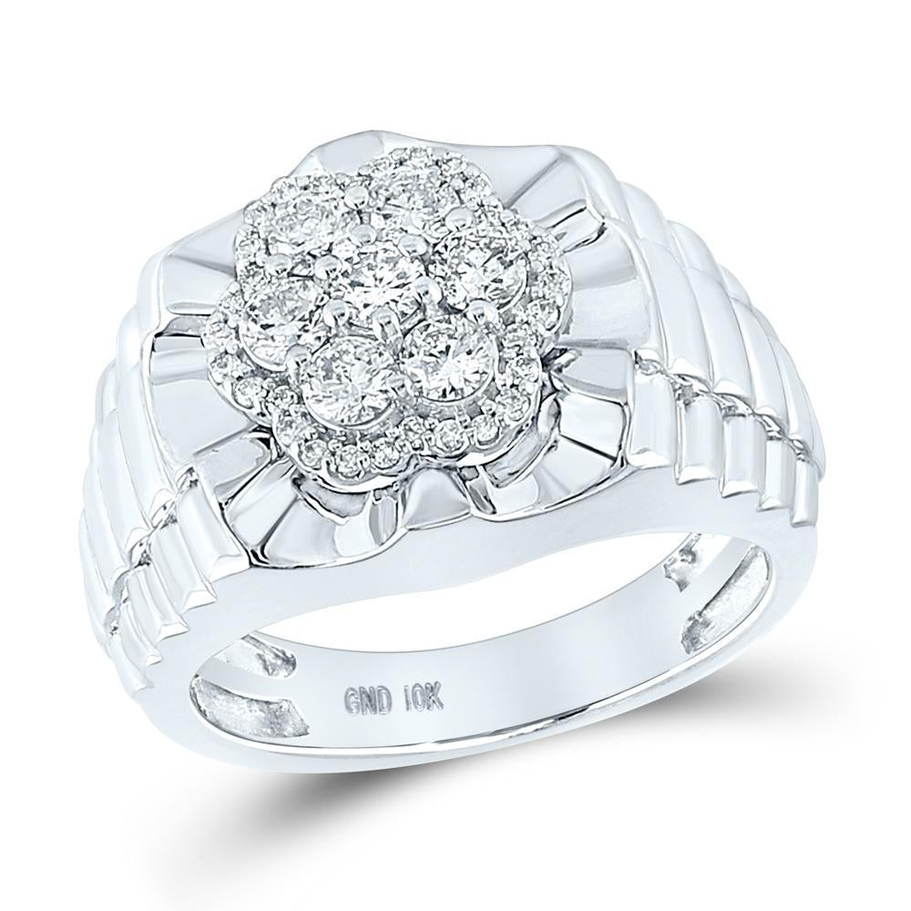 10kt White Gold Mens Round Diamond Scalloped Cluster Ring 1 Cttw