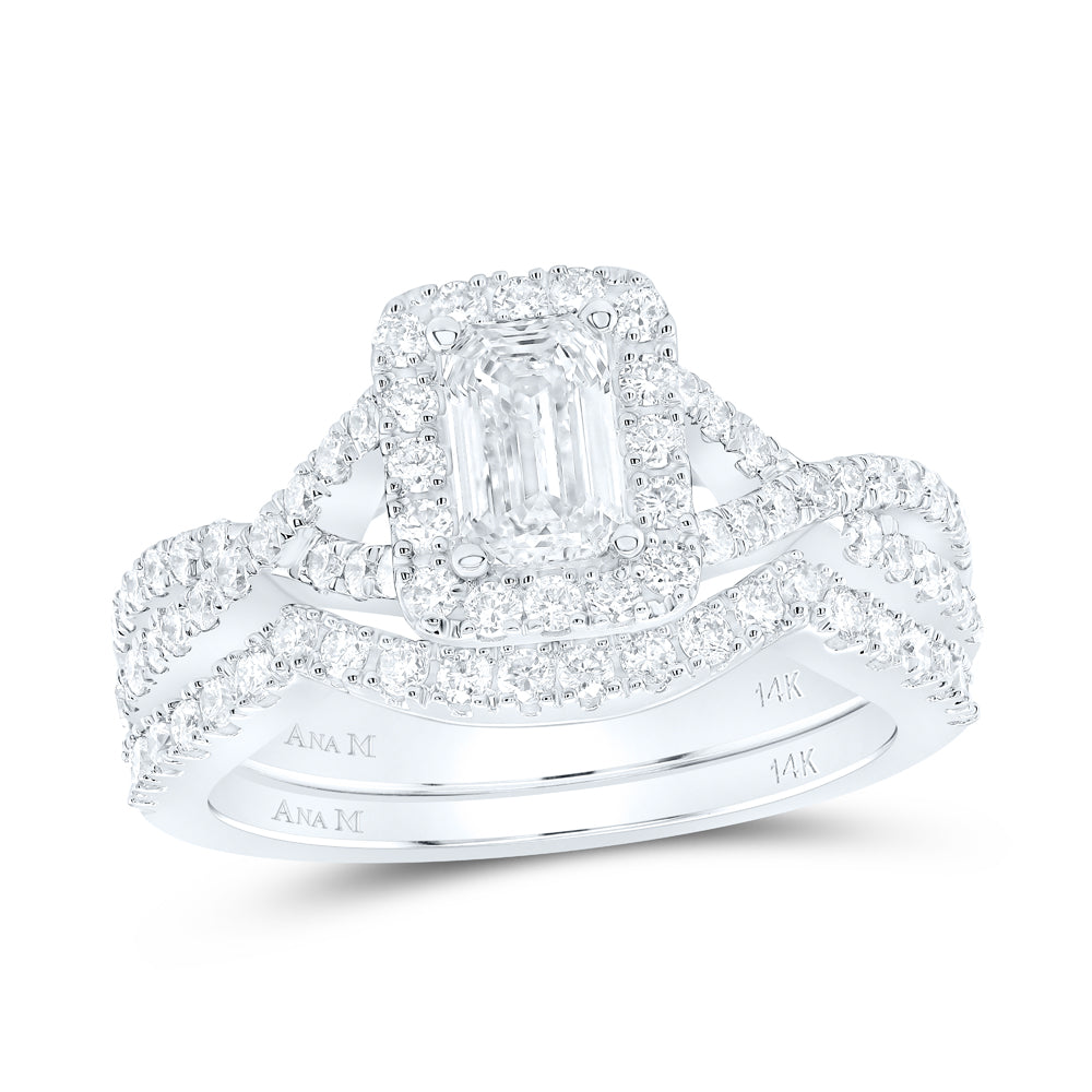 14kt White Gold Emerald Diamond Bridal Wedding Ring Band Set 1-5/8 Cttw