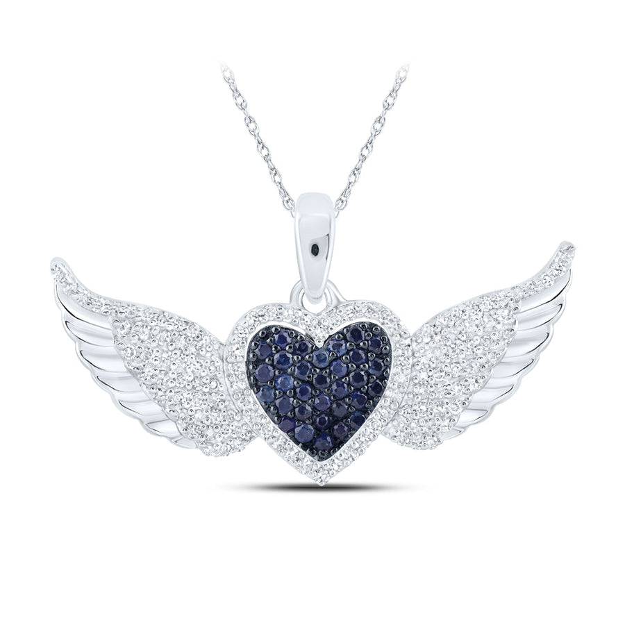 10kt White Gold Womens Round Blue Sapphire Diamond Wing Heart Pendant 3/8 Cttw