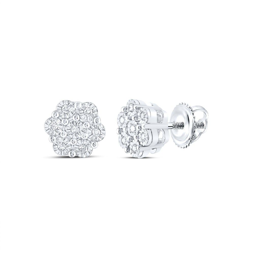 Sterling Silver Womens Round Diamond Cluster Earrings 1/10 Cttw