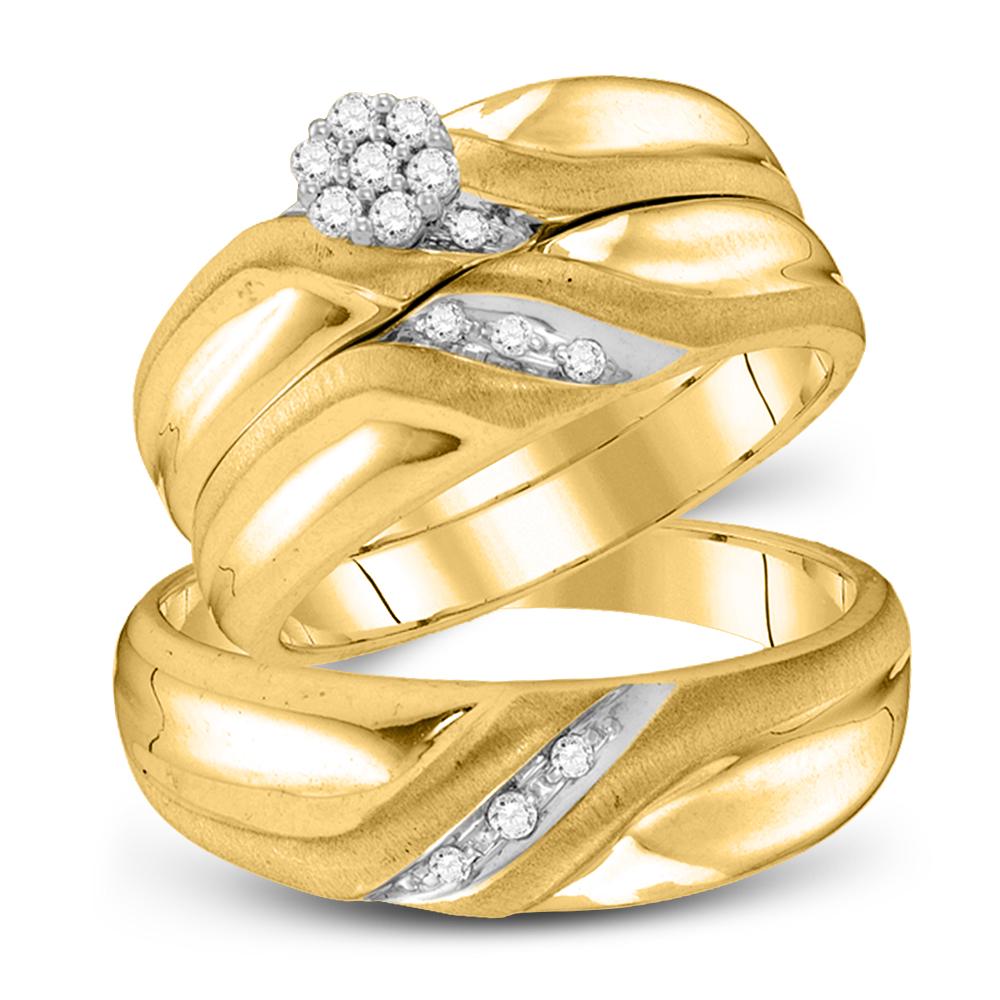 10kt Yellow Gold His Hers Round Diamond Cluster Matching Wedding Set 1/6 Cttw