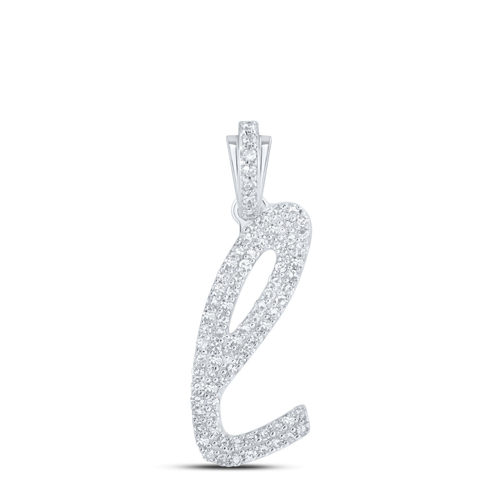10kt White Gold Womens Round Diamond L Cursive Initial Letter Pendant 3/8 Cttw