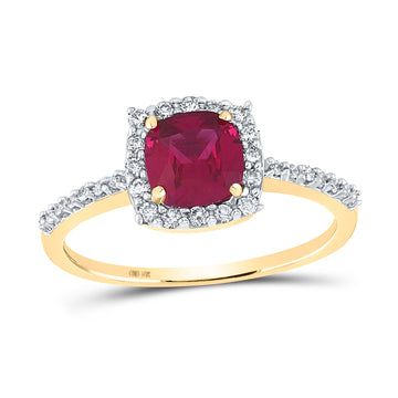 10kt Yellow Gold Womens Cushion Synthetic Ruby Diamond Solitaire Ring 1-1/2 Cttw