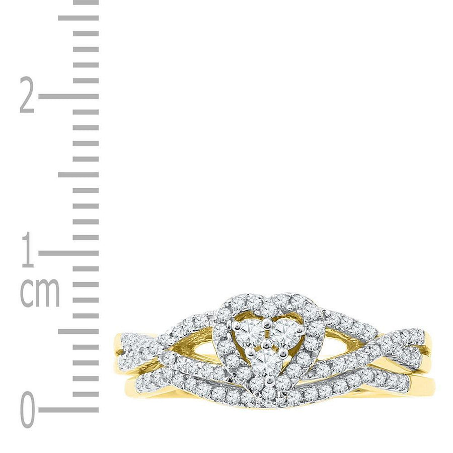 10k Yellow Gold Round Diamond Heart Cluster Bridal Wedding Ring Band Set 3/8 Cttw