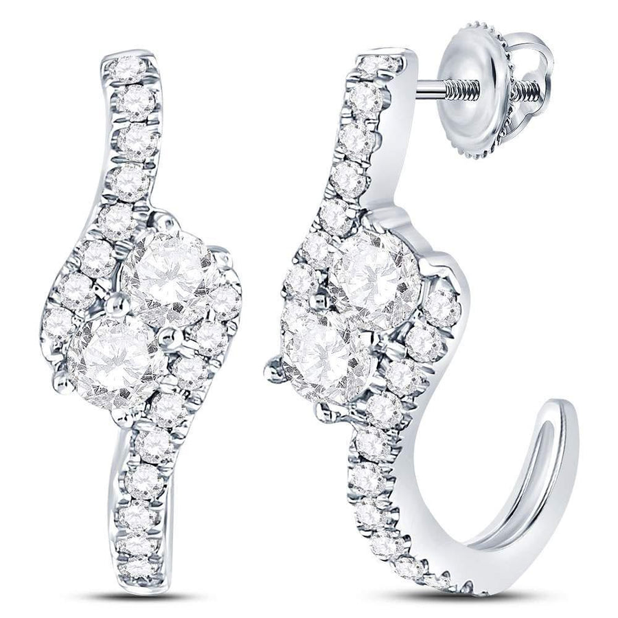 14kt White Gold Womens Round Diamond J-Hoop 2-stone Earrings 1 Cttw