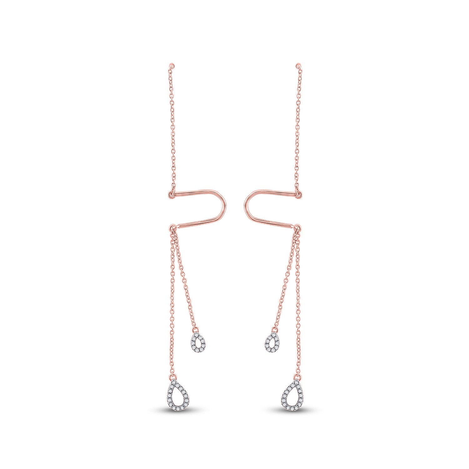 10kt Rose Gold Womens Round Diamond Double Teardrop Dangle Threader Earrings 1/8 Cttw