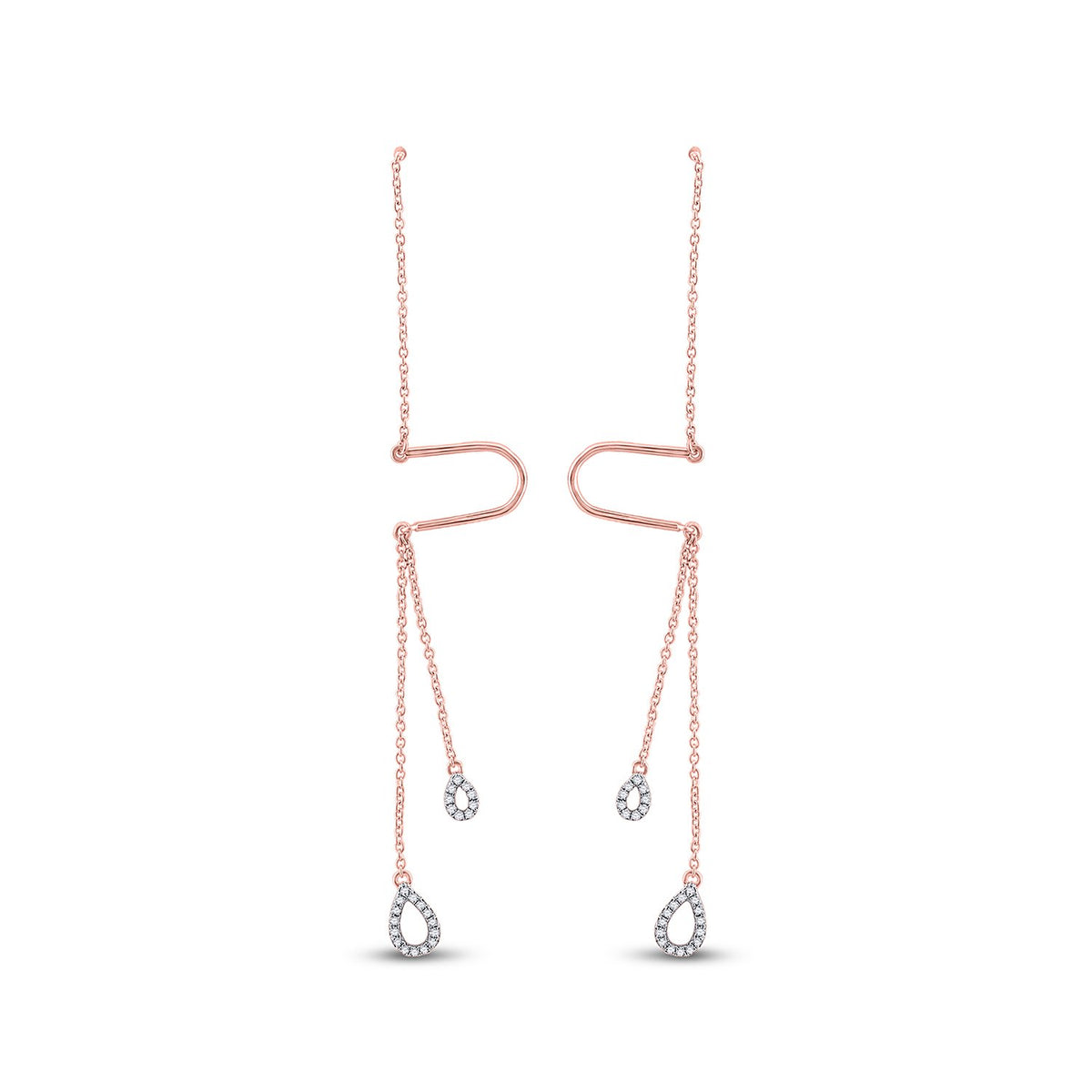 10kt Rose Gold Womens Round Diamond Double Teardrop Dangle Threader Earrings 1/8 Cttw