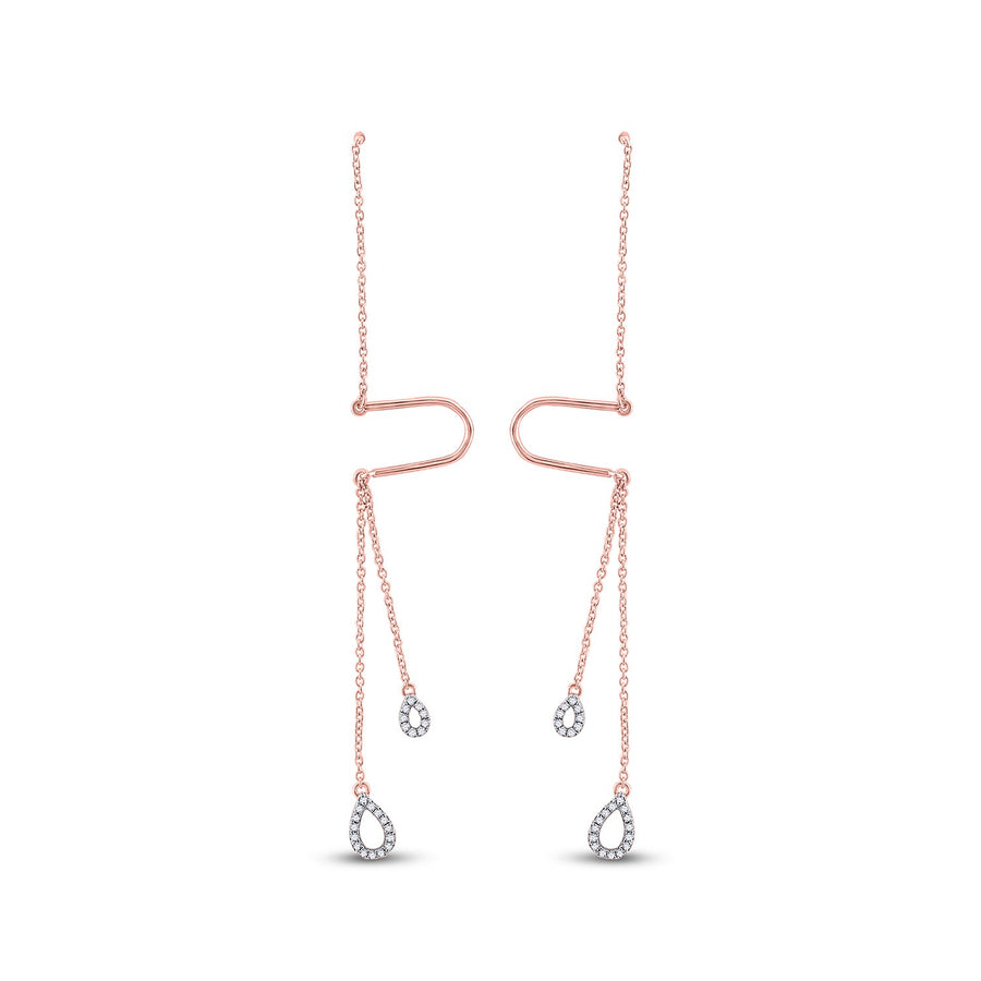 10kt Rose Gold Womens Round Diamond Double Teardrop Dangle Threader Earrings 1/8 Cttw