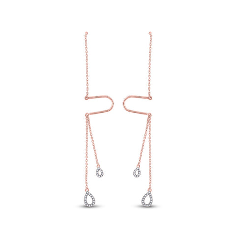 10kt Rose Gold Womens Round Diamond Double Teardrop Dangle Threader Earrings 1/8 Cttw