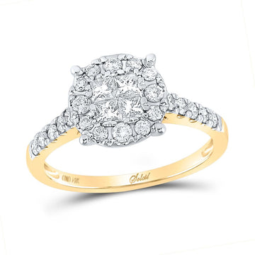 14kt Yellow Gold Princess Round Diamond Cluster Bridal Wedding Engagement Ring 3/4 Cttw