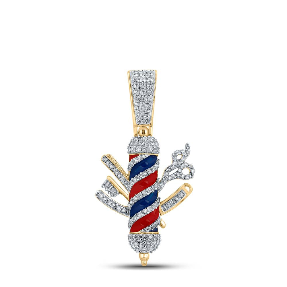 10kt Yellow Gold Mens Baguette Diamond Barber Pole Charm Pendant 7/8 Cttw