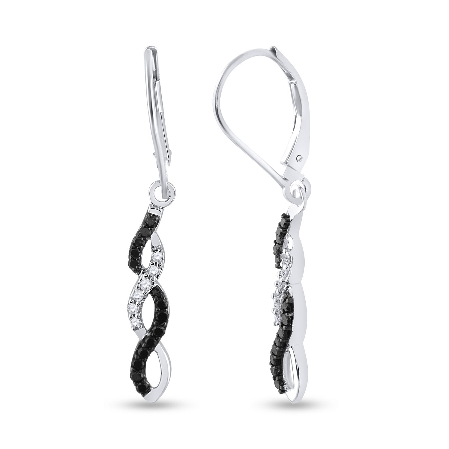 14kt White Gold Womens Round Black Color Enhanced Diamond Twist Dangle Earrings 1/3 Cttw
