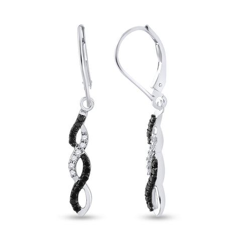14kt White Gold Womens Round Black Color Enhanced Diamond Twist Dangle Earrings 1/3 Cttw