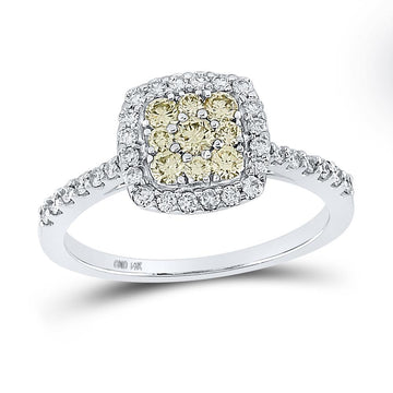14kt White Gold Womens Round Yellow Diamond Square Cluster Ring 3/4 Cttw