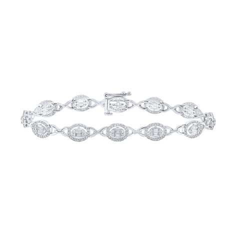 14kt White Gold Womens Baguette Diamond Oval Link Bracelet 2 Cttw