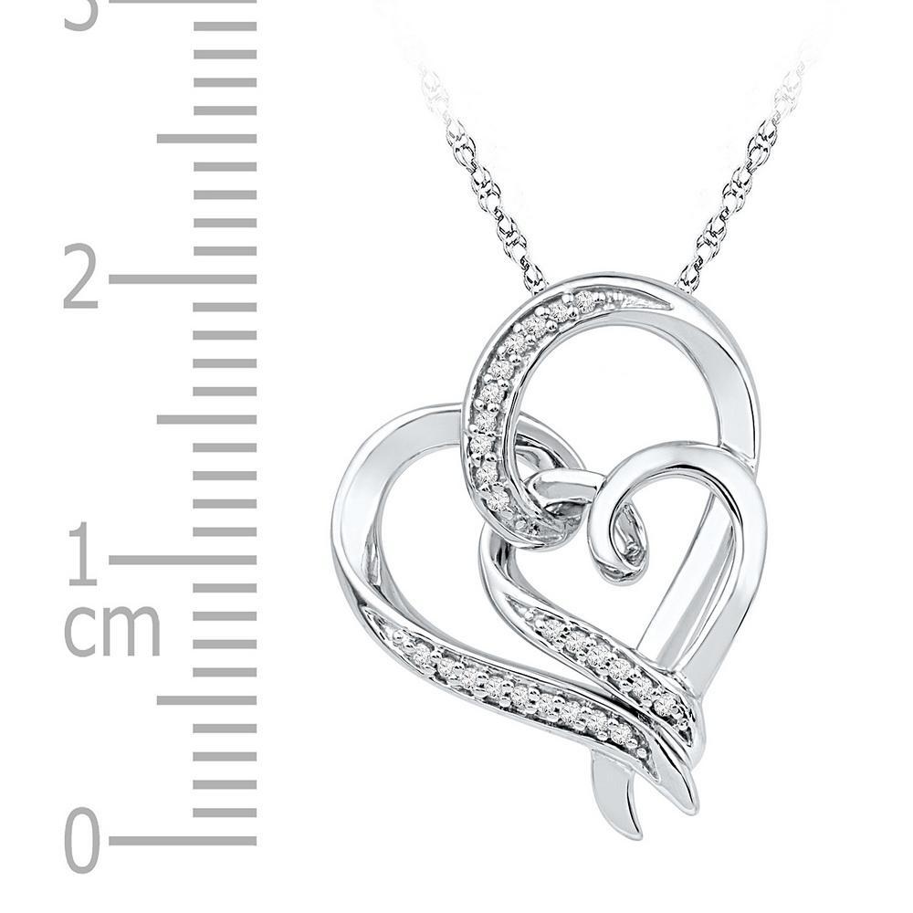 Sterling Silver Womens Round Diamond Double Heart Pendant 1/10 Cttw