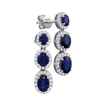 18kt White Gold Womens Oval Blue Sapphire Triple Dangle Earrings 3-1/4 Cttw