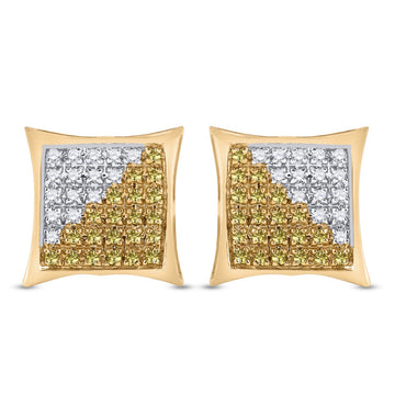 10kt Yellow Gold Mens Round Yellow Color Enhanced Diamond Square Cluster Earrings 1/4 Cttw