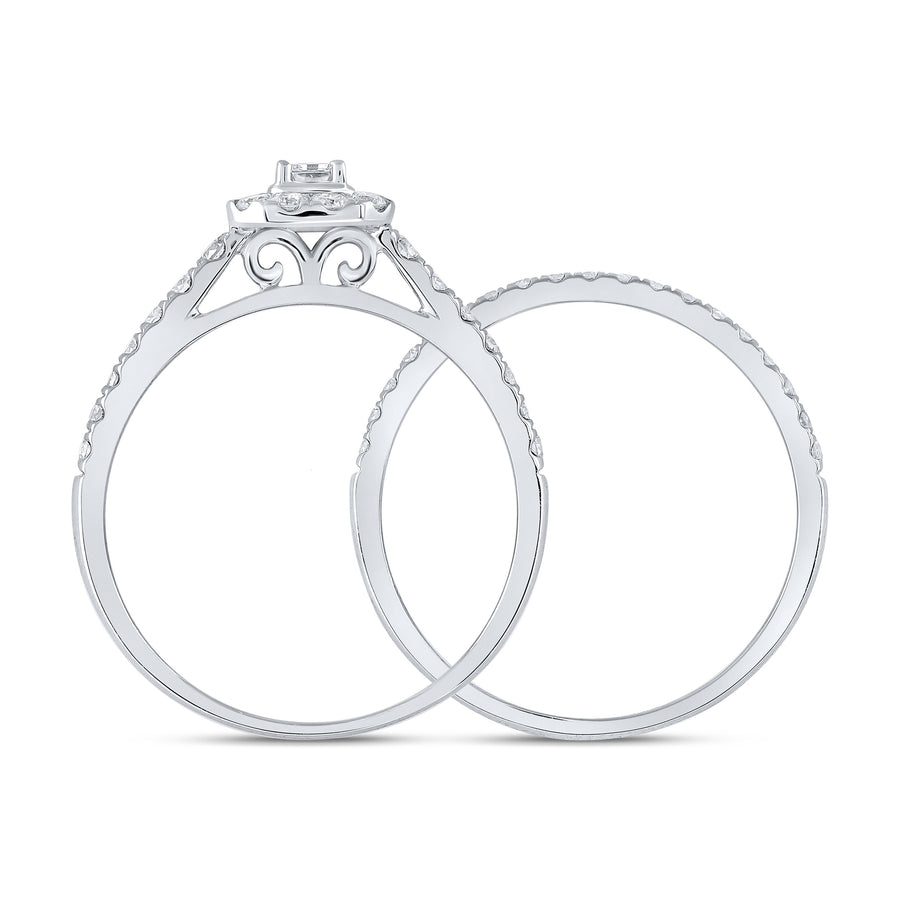 10kt White Gold Emerald Diamond Halo Bridal Wedding Ring Band Set 3/4 Cttw