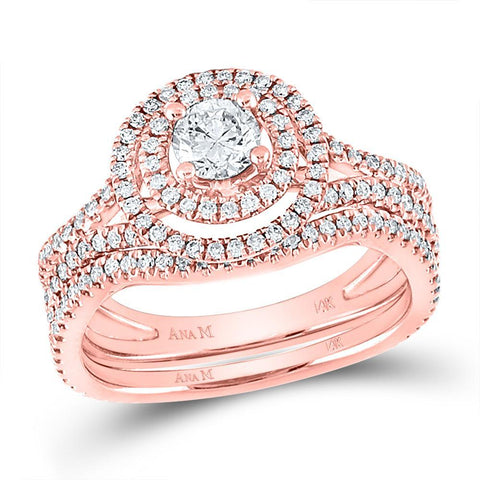 14kt Rose Gold Round Diamond Bridal Wedding Ring Band Set 1 Cttw
