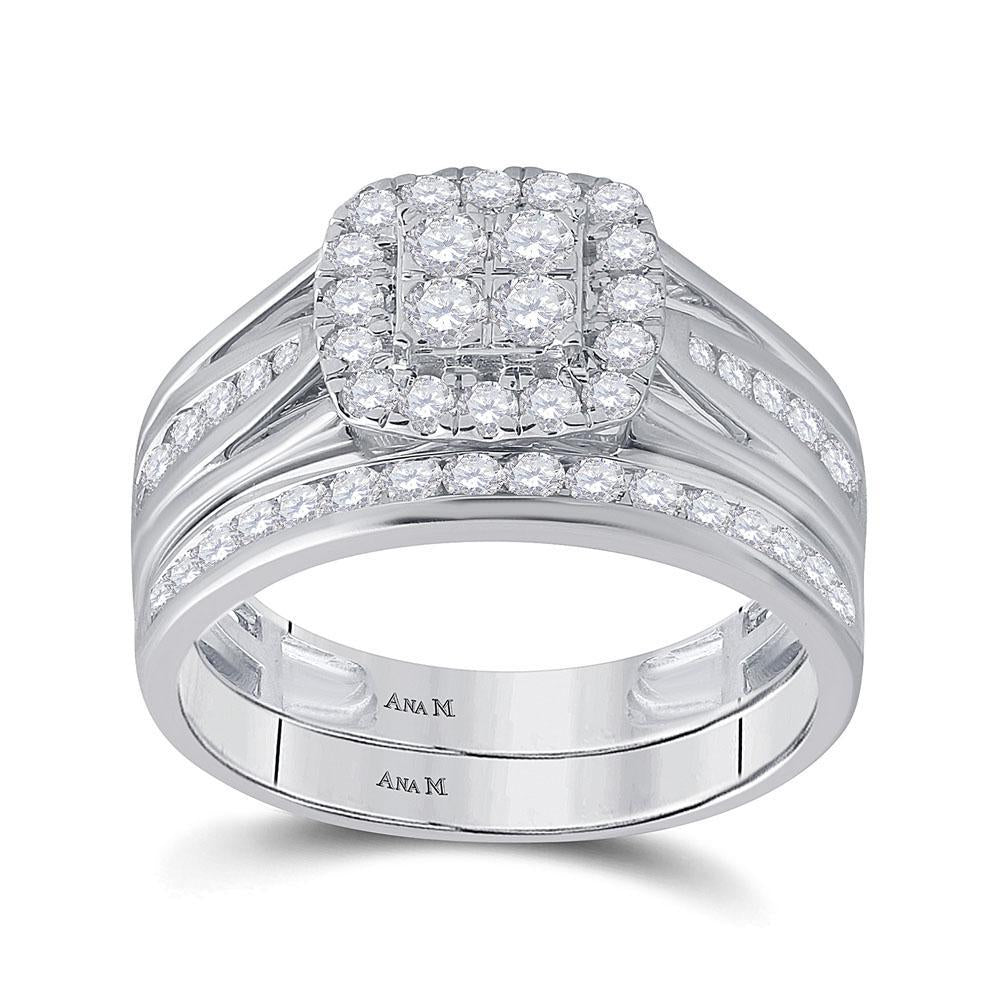 14kt White Gold His Hers Round Diamond Cluster Matching Wedding Set 1-1/4 Cttw