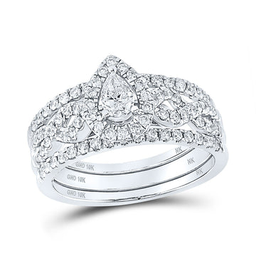 10kt White Gold Pear Diamond 3-Piece Bridal Wedding Ring Band Set 7/8 Cttw