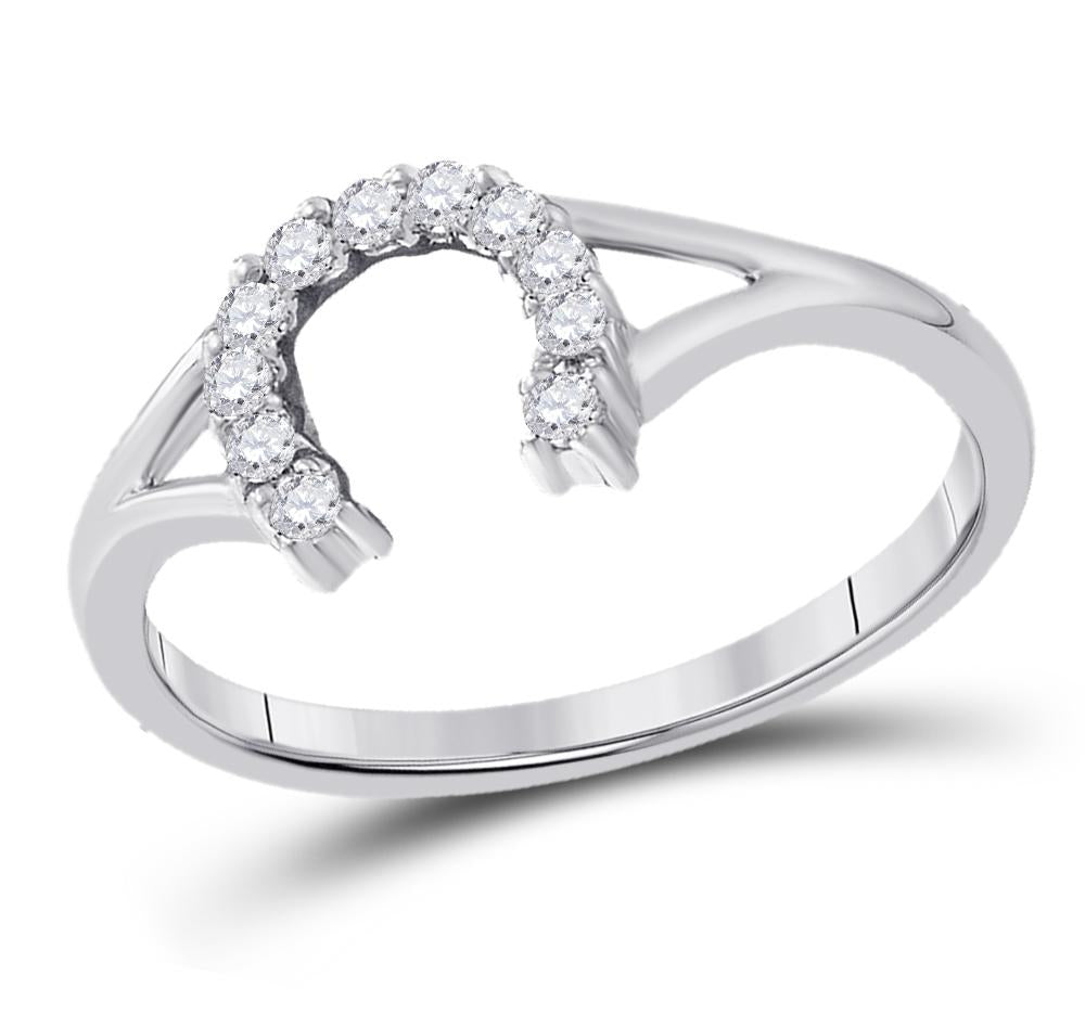 10kt White Gold Womens Round Diamond Lucky Horseshoe Split-shank Ring 1/10 Cttw