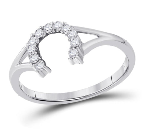 10kt White Gold Womens Round Diamond Lucky Horseshoe Split-shank Ring 1/10 Cttw