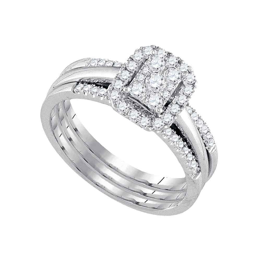 14kt White Gold Diamond Cluster Amour Bridal Wedding Ring Band Set 1/2 Cttw