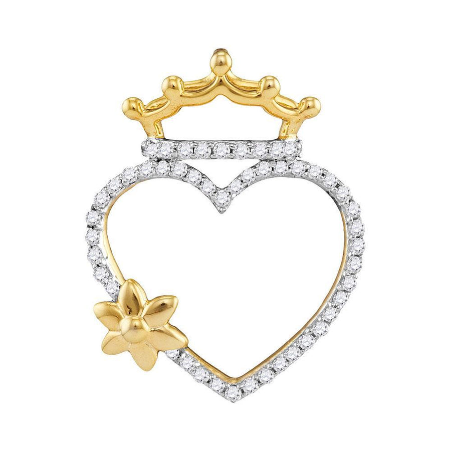 10kt Yellow Gold Womens Round Diamond Heart Crown Flower Pendant 1/4 Cttw