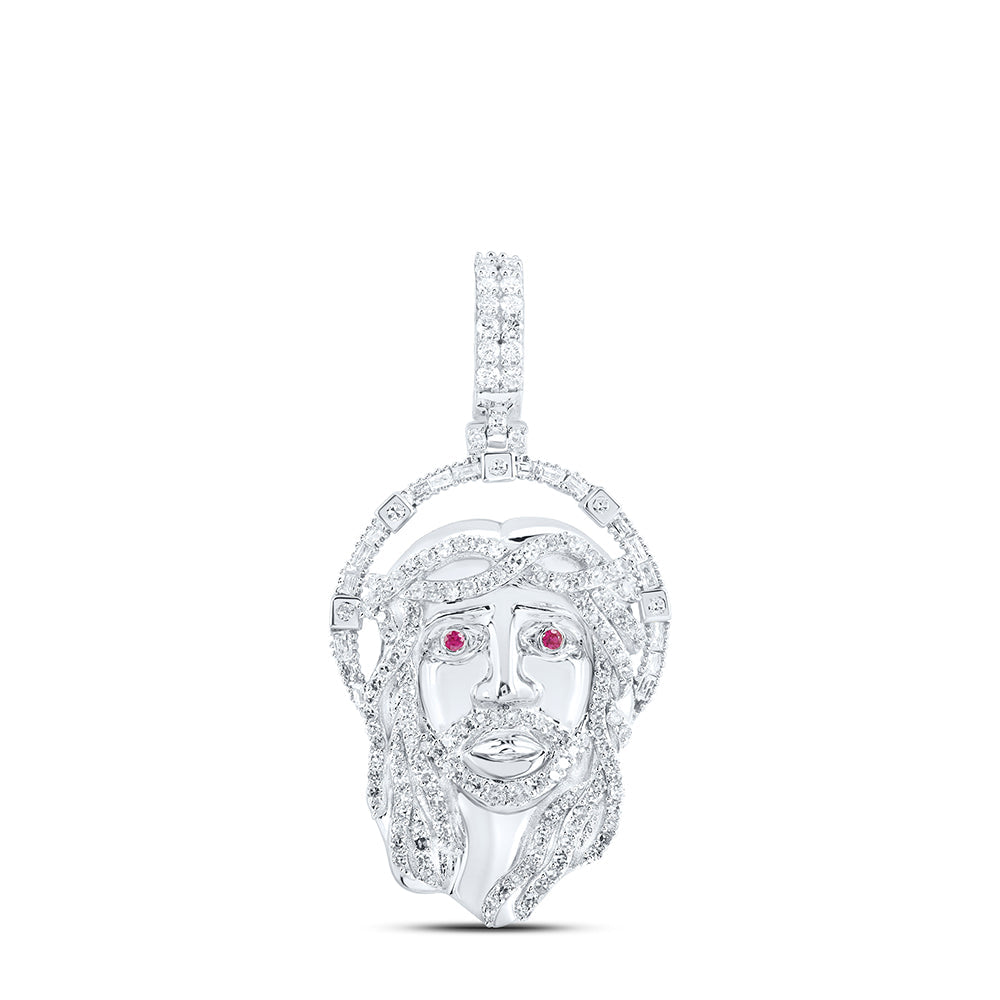 10kt White Gold Mens Round Diamond Ruby Jesus Face Charm Pendant 1 Cttw