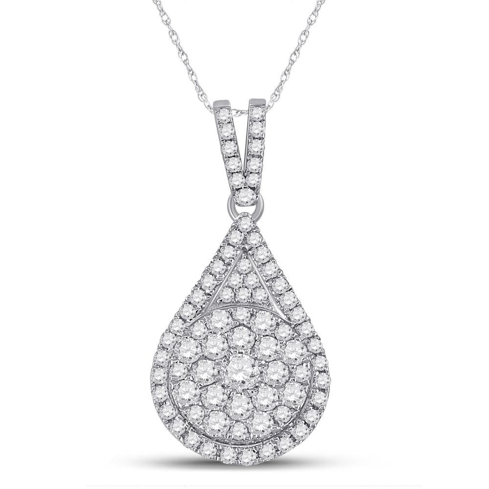 14kt White Gold Womens Round Diamond Teardrop Cluster Pendant 1 Cttw