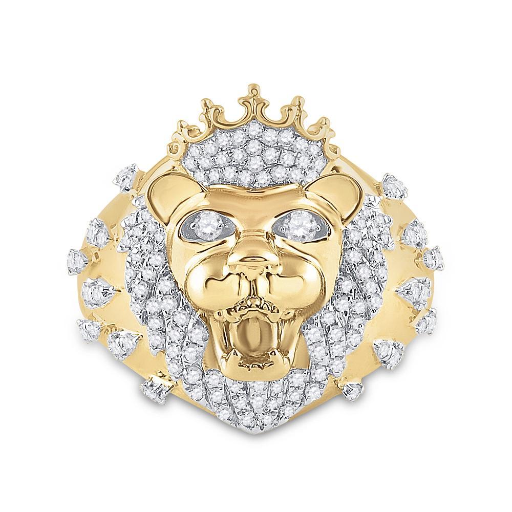10kt Yellow Gold Mens Round Diamond Lion Head Crown Animal Ring 7/8 Cttw