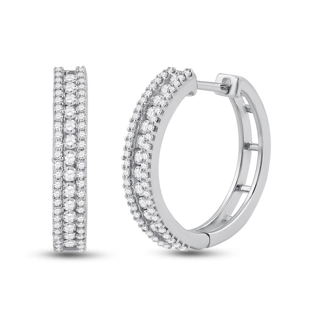 14kt White Gold Womens Round Diamond Hoop Earrings 7/8 Cttw
