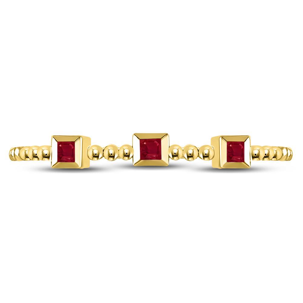 10kt Yellow Gold Womens Princess Ruby 3-Stone Beaded Stackable Band Ring 1/20 Cttw