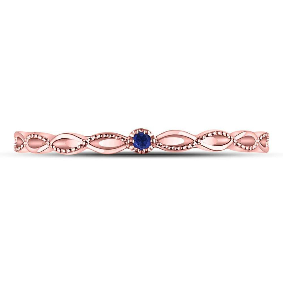 10kt Rose Gold Womens Round Blue Sapphire Milgrain Stackable Band Ring .01 Cttw