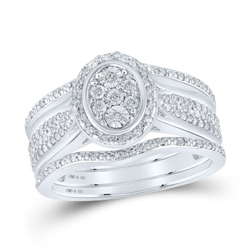 Sterling Silver Round Diamond Oval Bridal Wedding Ring Band Set 1/3 Cttw